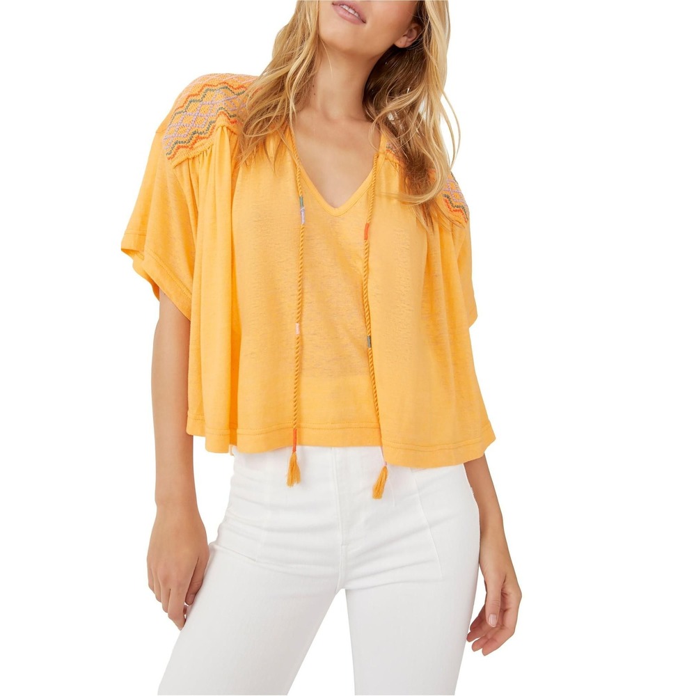Free People Market Embroidered V-neck Top in Carrot Ginger - S